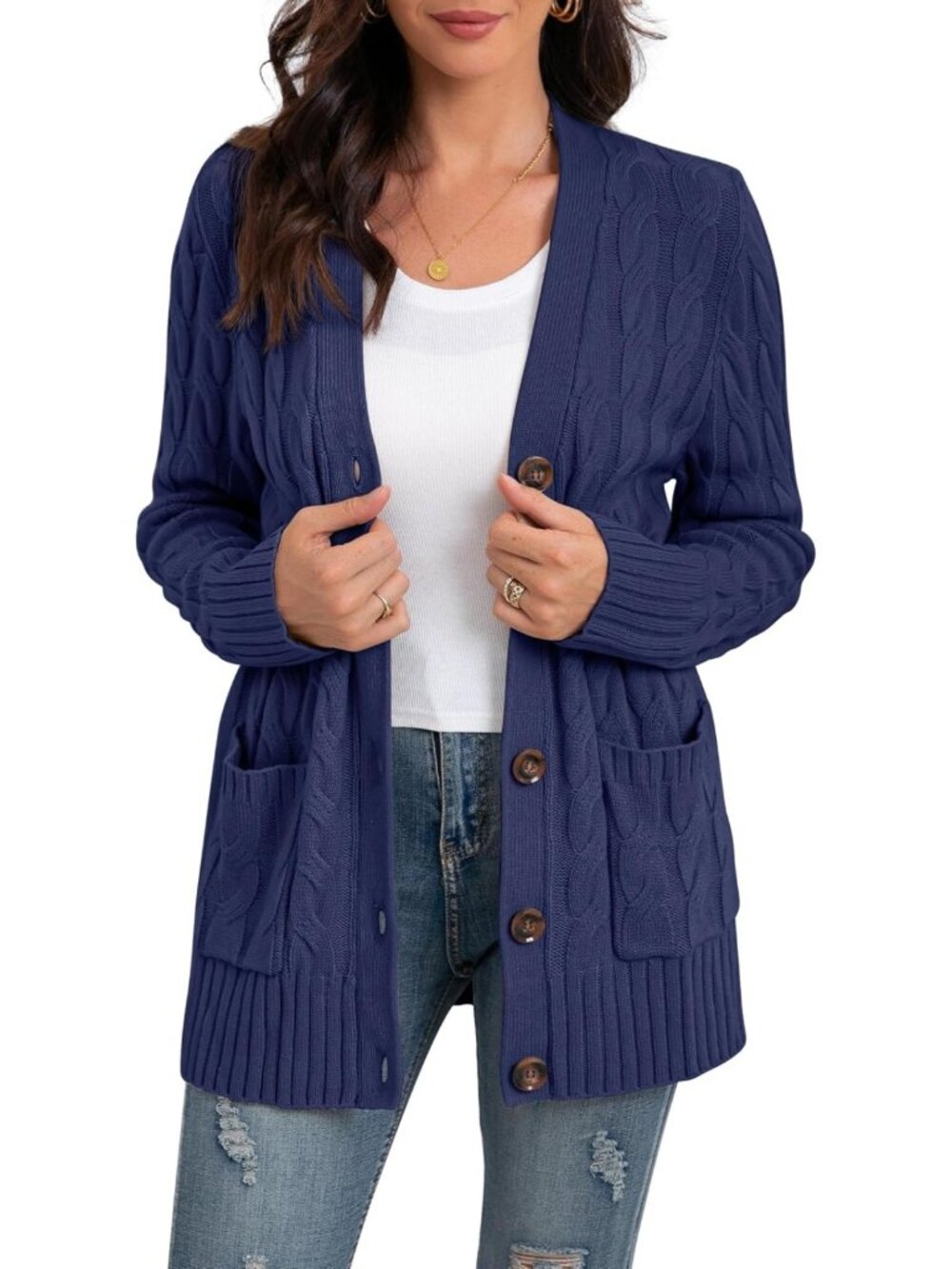 Cozy Long Sleeve Cable Knit Cardigan Sweater with Pockets for Women